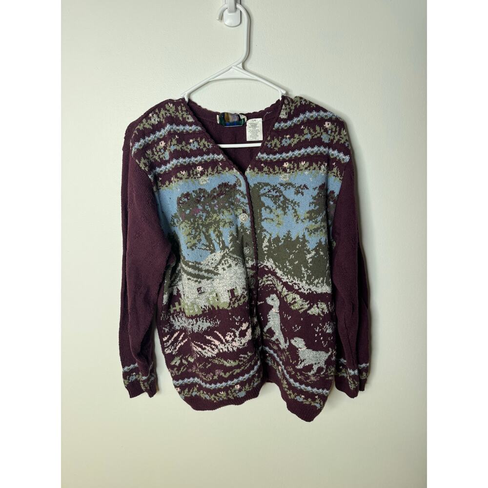 Vintage Northern Reflections by Parkhurst L Cardigan Dogs Forest Made In Canada